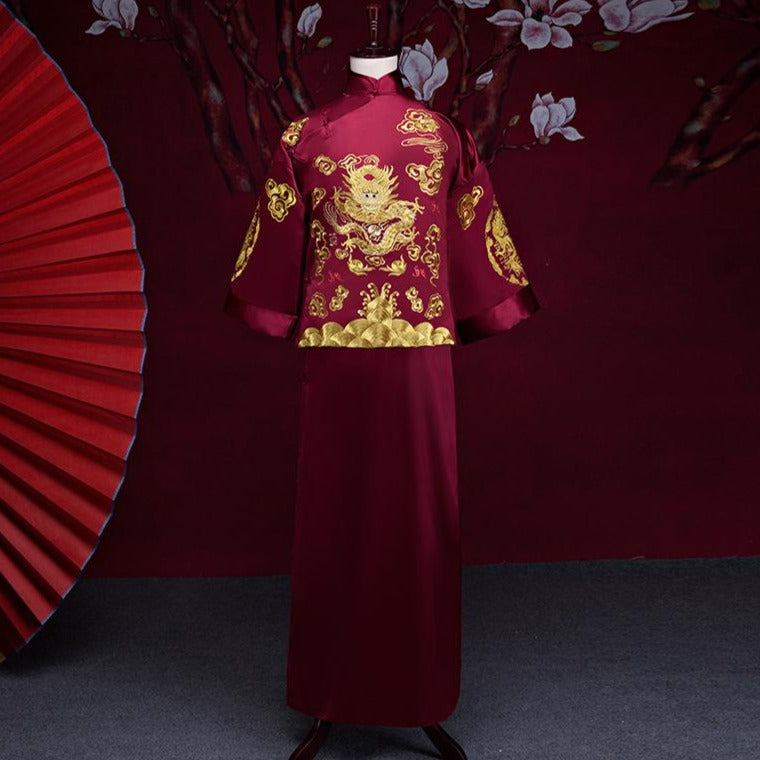 Mandarin Sleeve Dragons Embroidery Full Length Traditional Chinese Groom Suit Burgundy / L Mandarin Sleeve Dragons Embroidery Full Length Traditional Chinese Groom Suit Burgundy / L