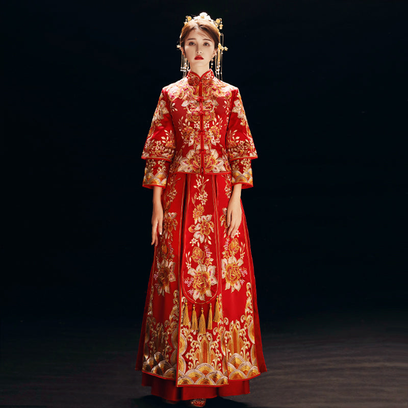 Floral Embroidery Pleated Skirt Traditional Chinese Wedding Suit with ...