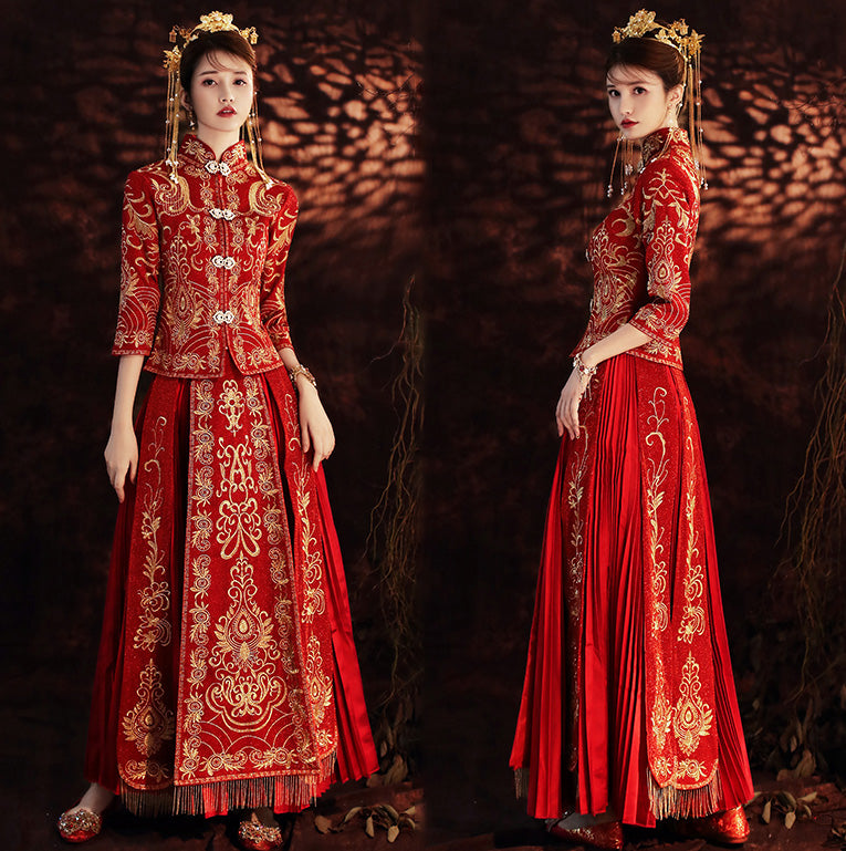 Floral Embroidery Pleated Skirt Traditional Chinese Wedding Suit