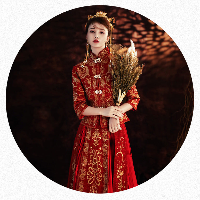 Floral Embroidery Pleated Skirt Traditional Chinese Wedding Suit