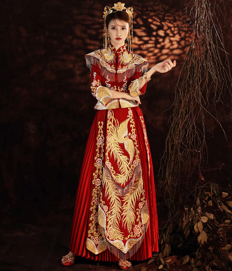 Phoenix Embroidery & Sequins Pleated Skirt Traditional Chinese Wedding Suit Red / M Phoenix Embroidery & Sequins Pleated Skirt Traditional Chinese Wedding Suit Red / M