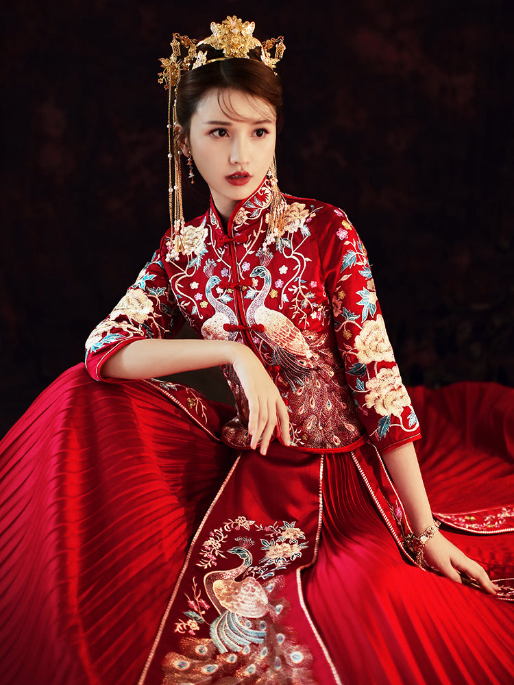 Peacock & Floral Embroidery 3/4 Sleeve Traditional Chinese Wedding Suit