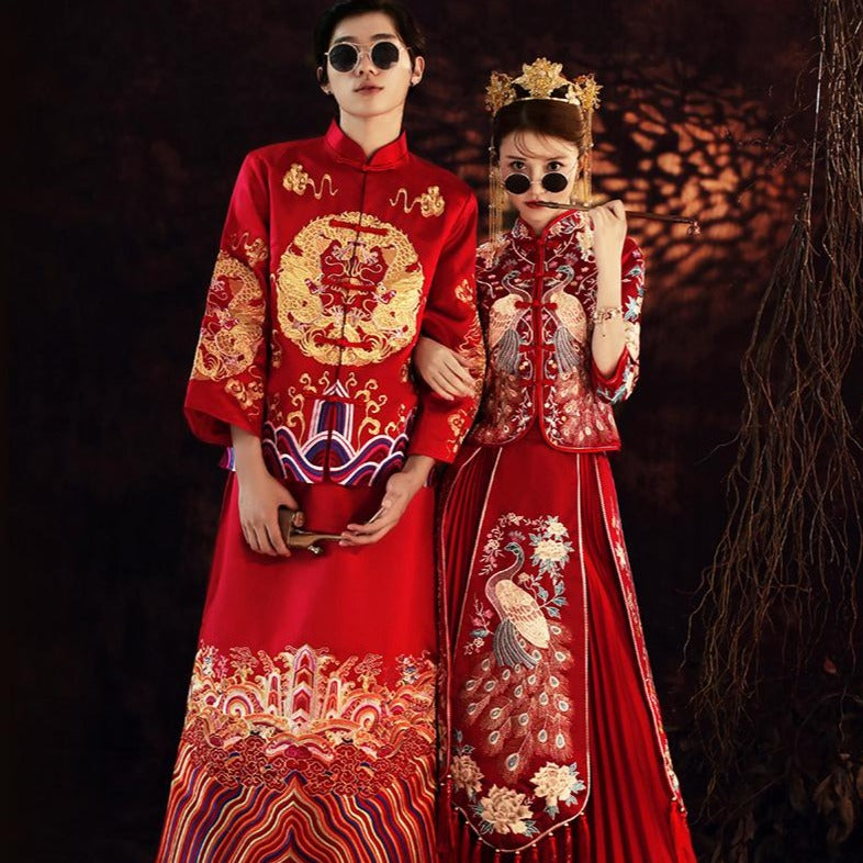 Peacock & Floral Embroidery 3/4 Sleeve Traditional Chinese Wedding Suit Red / M Peacock & Floral Embroidery 3/4 Sleeve Traditional Chinese Wedding Suit Red / M