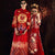 Traje de boda chino tradicional de manga 3/4 con bordado floral y pavo real