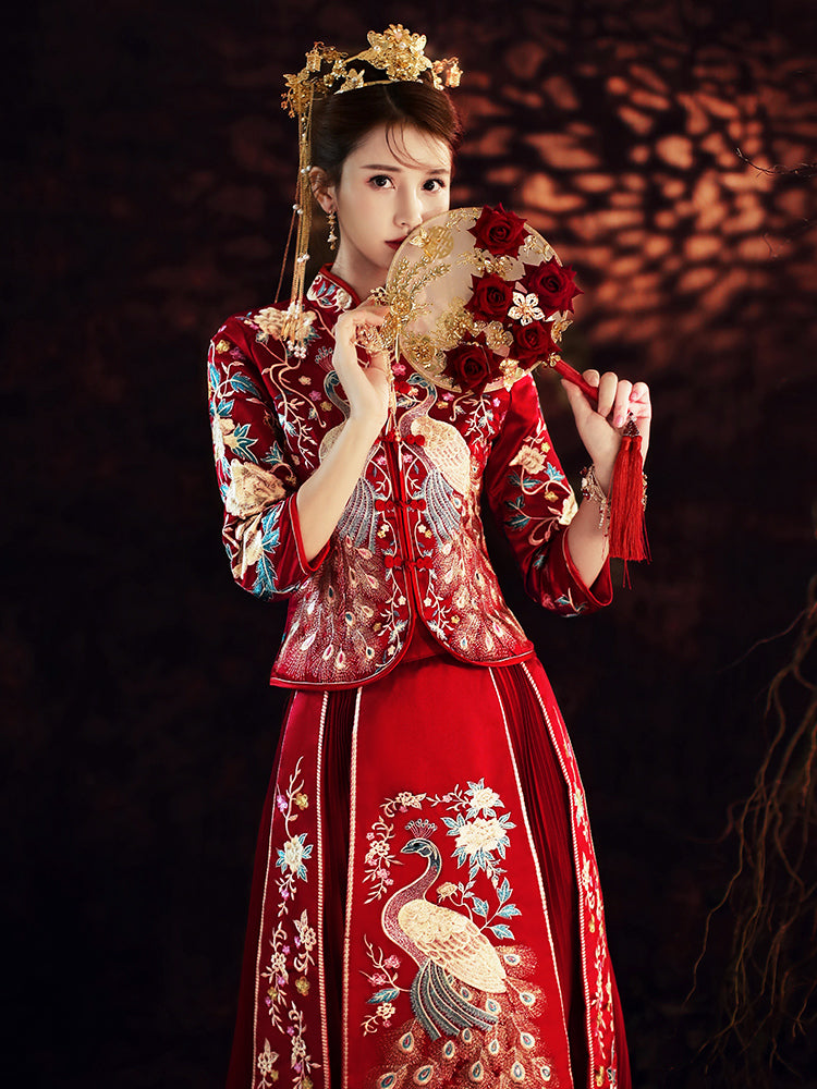 Peacock & Floral Embroidery 3/4 Sleeve Traditional Chinese Wedding Suit
