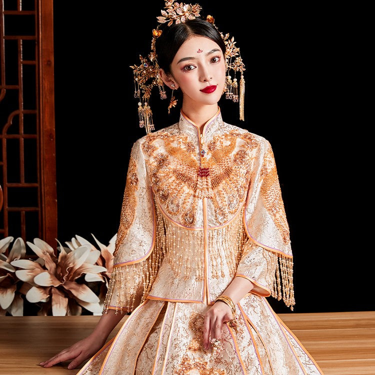 Peacock Sequins Double Sleeve Retro Chinese Wedding Suit with Tassels ...