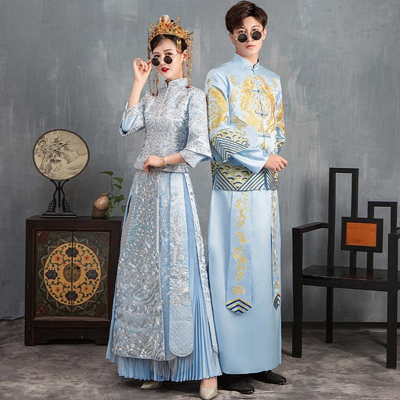 Floral Embroidery Double Sleeve Retro Chinese Wedding Suit with Tassels Blue / S Floral Embroidery Double Sleeve Retro Chinese Wedding Suit with Tassels Blue / S