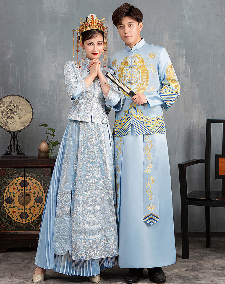 Floral Embroidery Double Sleeve Retro Chinese Wedding Suit with Tassels Blue / S Floral Embroidery Double Sleeve Retro Chinese Wedding Suit with Tassels Blue / S