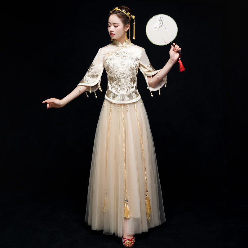 Cheongsam Top Tulle Skirt Traditional Chinese Wedding Suit