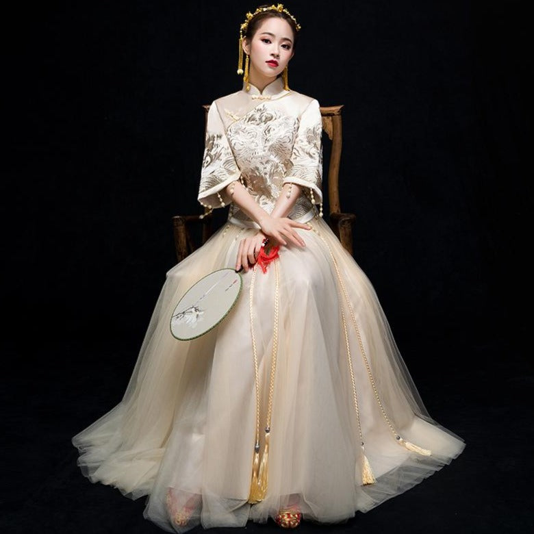 Cheongsam Top Tulle Skirt Traditional Chinese Wedding Suit