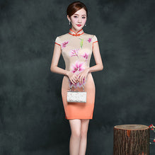 Mandarin Collar Knee Length Cheongsam Floral Chinese Dress