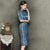 Half Sleeve Silk Blend Cheongsam Knee Length Striped Chinese Dress
