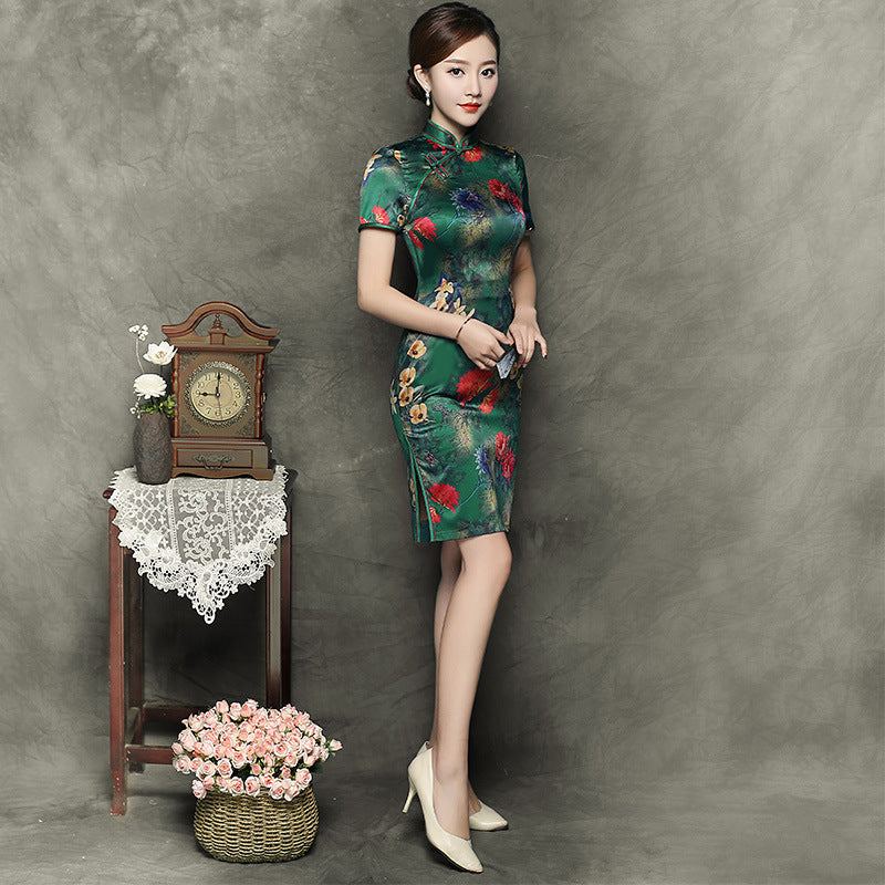 chinese silk mini dress Faux Silk Satin Qipao Mini Dress Chinese Traditional Cheongsam Party Ball Retro