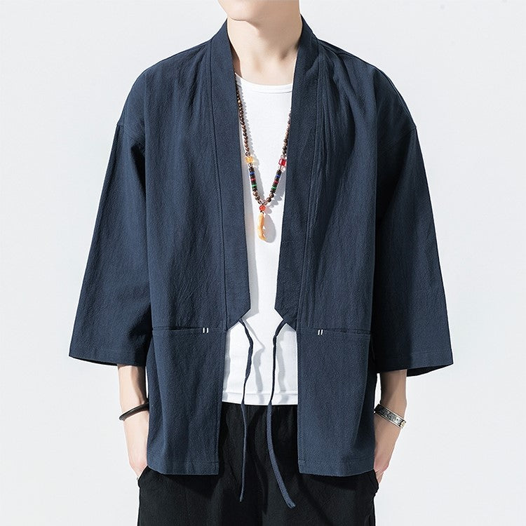 Casual Linen Men's Cardigan Kimono Shirt Samurai Costume Black / L