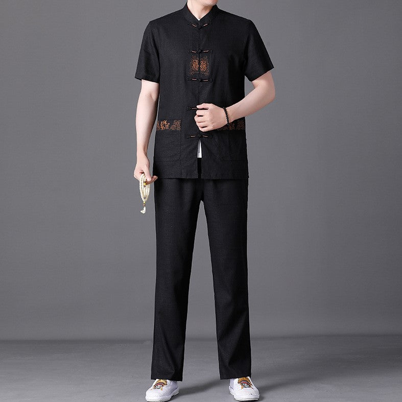 Short Sleeve Floral Embroidery Chinese Style Leisure Suit with Strap Buttons