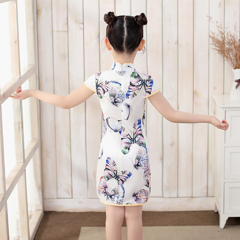 Butterfly Pattern Mandarin Collar Cap Sleeve Girl's Cheongsam Mini Chinese Dress