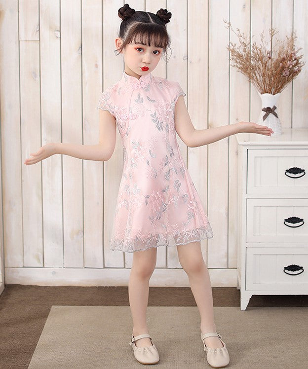 Cap Sleeve Cheongsam Top Pleated Skirt Floral Lace Girl's Chinese Dress