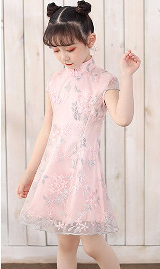 Cap Sleeve Cheongsam Top Pleated Skirt Floral Lace Girl's Chinese Dress