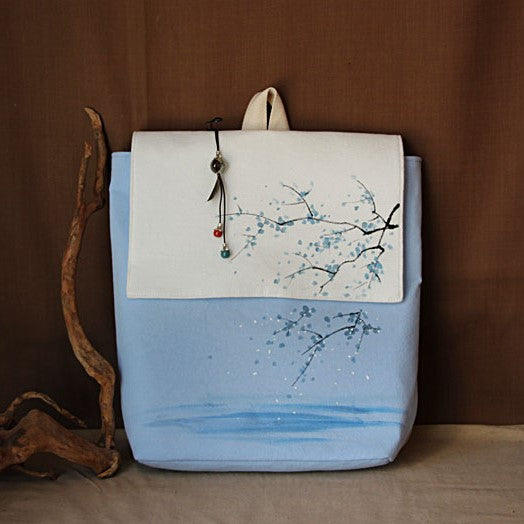 Hand Painted Floral Chinese Style Canvas Backpack Laptop Bag with Tassel