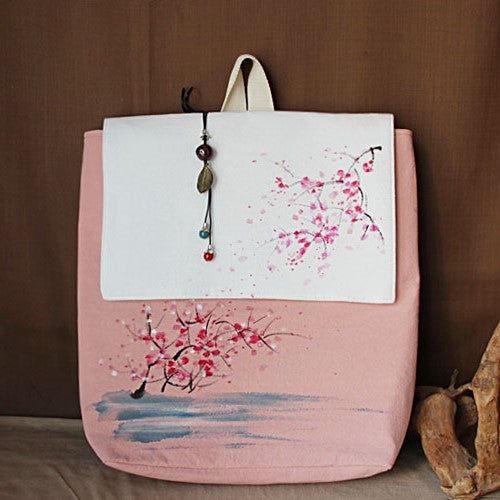 Hand Painted Floral Chinese Style Canvas Backpack Laptop Bag with Tassel