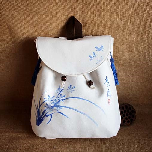 Hand Painted Orchid Chinese Style Canvas Backpack Schoolbag with Tassel