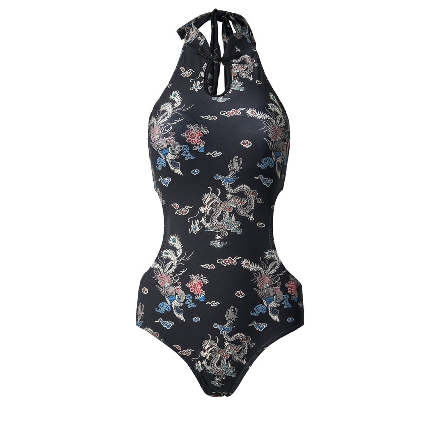 Cheongsam Style Halter Top One-piece Floral Swimsuit