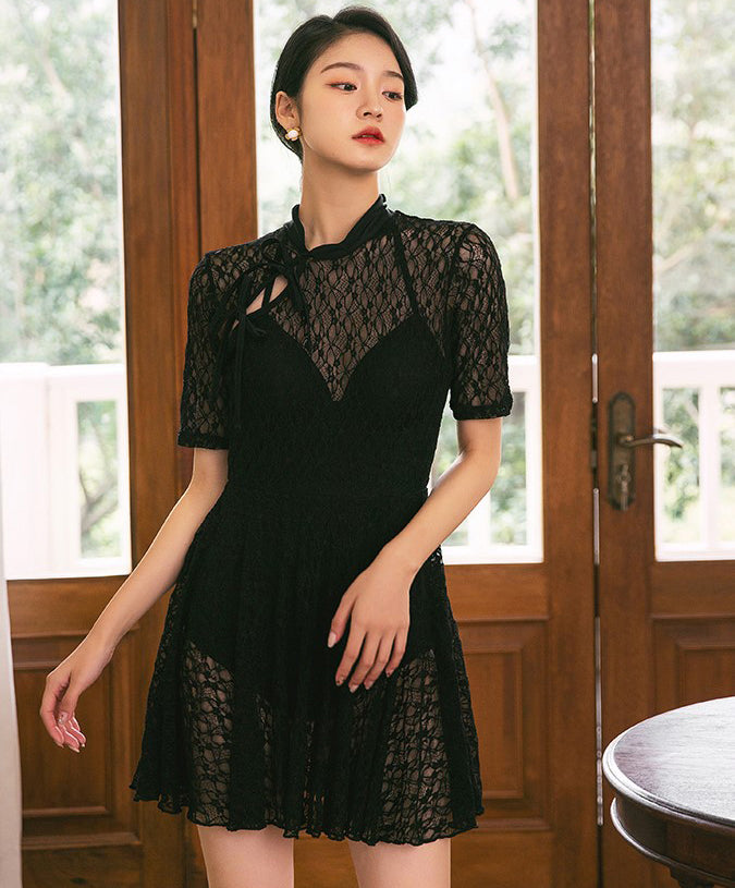 Short Sleeve Cheongsam Top Floral Lace One-piece Swimsuit