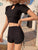 Short Sleeve Key Hole Neck 2-pieces Chinese Style Swimsuit