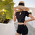 Short Sleeve Key Hole Neck 2-pieces Chinese Style Swimsuit