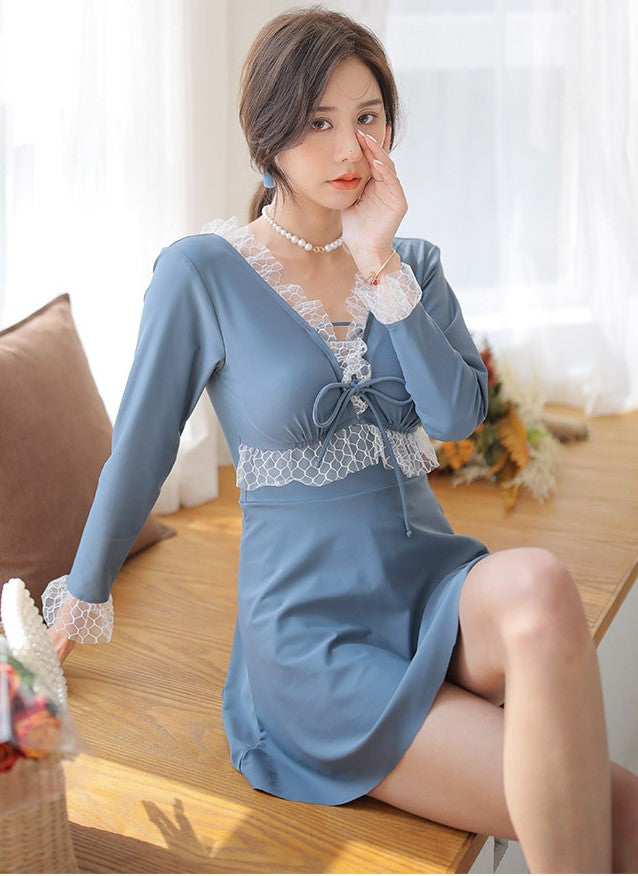 V Neck Long Sleeve Conservative Swimsuit with Lace Edge