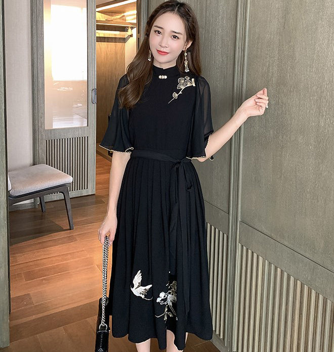 Cheongsam Top Plus Size Chiffon Midi Dress with Ruffle Sleeves