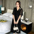 Deep V Neck Cheongsam Top Plus Size Chiffon Midi Dress with Ruffle Sleeves