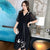 Deep V Neck Cheongsam Top Plus Size Chiffon Midi Dress with Ruffle Sleeves