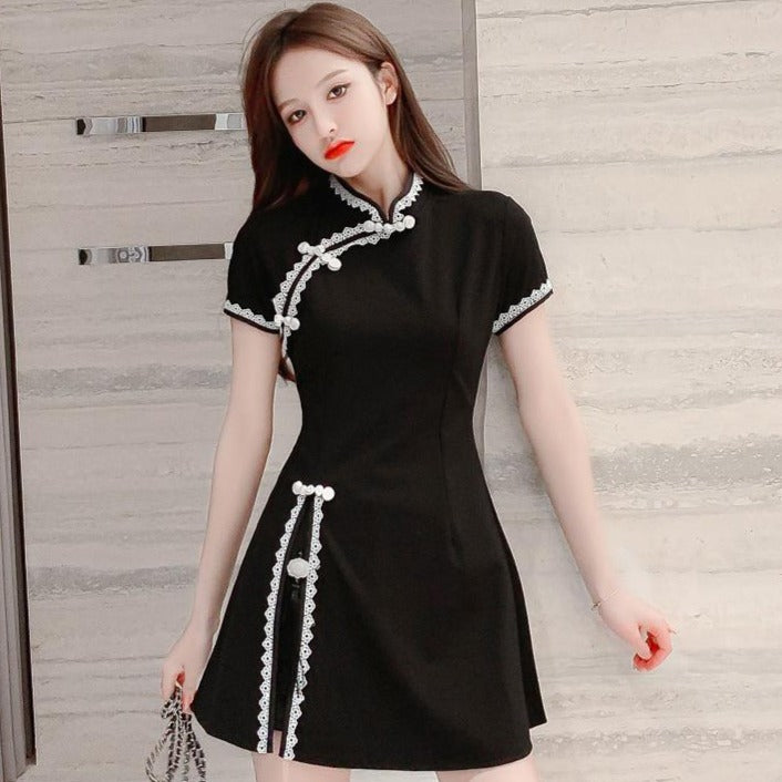 Lace Edge Plus Size Mini Modern Cheongsam Dress with Short Pants Black / L Lace Edge Plus Size Mini Modern Cheongsam Dress with Short Pants Black / L
