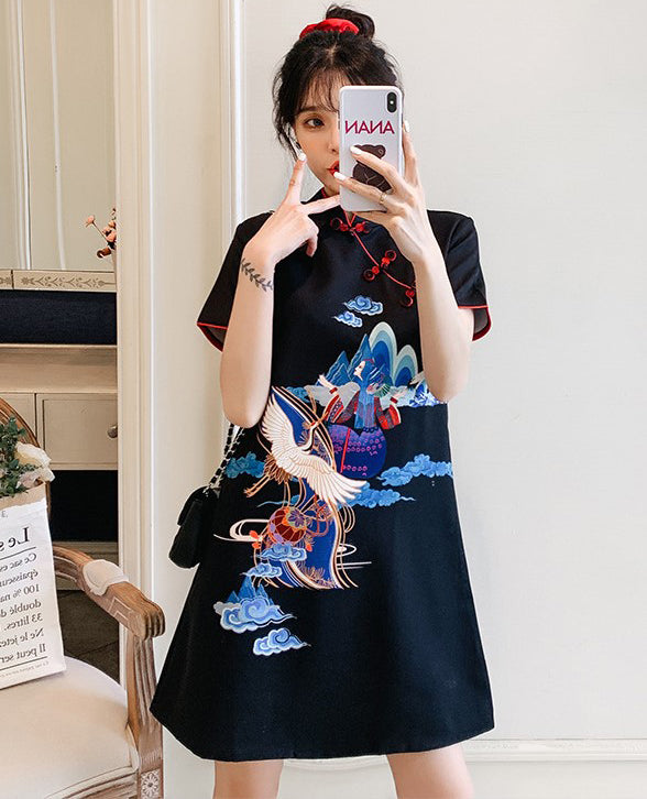 Short Sleeve Mandarin Collar Plus Size Modern Cheongsam Dress