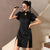 Mini abito chic moderno cheongsam con maniche a tromba stile scuro