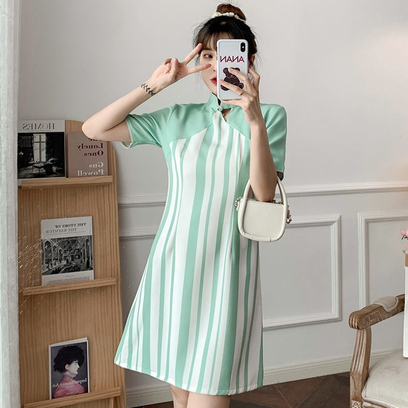Short Sleeve Striped Modern Cheongsam Chic Plus Size A-Line