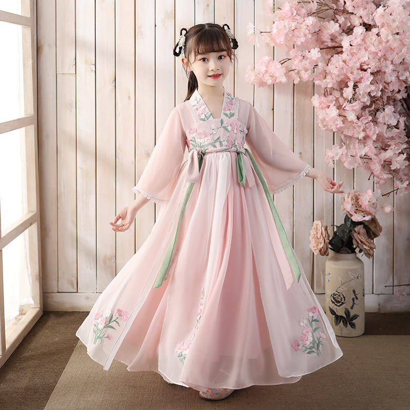 asian princess dress Trumpet Sleeve Floral Embroidery Girl's Han Chinese Costume Princess Dress Green / 15