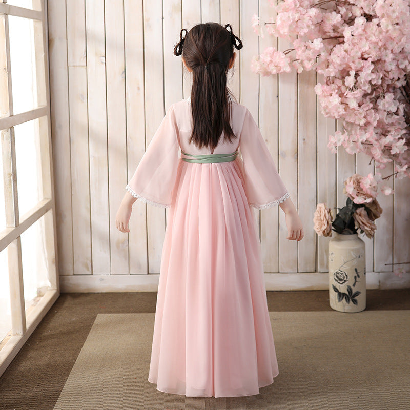 pink royal chinese princess dress Trumpet Sleeve Floral Embroidery Girl's Han Chinese Costume Princess Dress Green / 7