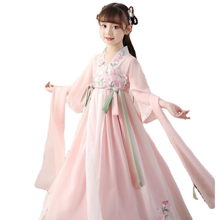 pink royal chinese princess dress Trumpet Sleeve Floral Embroidery Girl's Han Chinese Costume Princess Dress Green / 7
