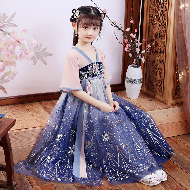 V-neck Floral Embroidery Girl's Han Chinese Costume Princess Dress