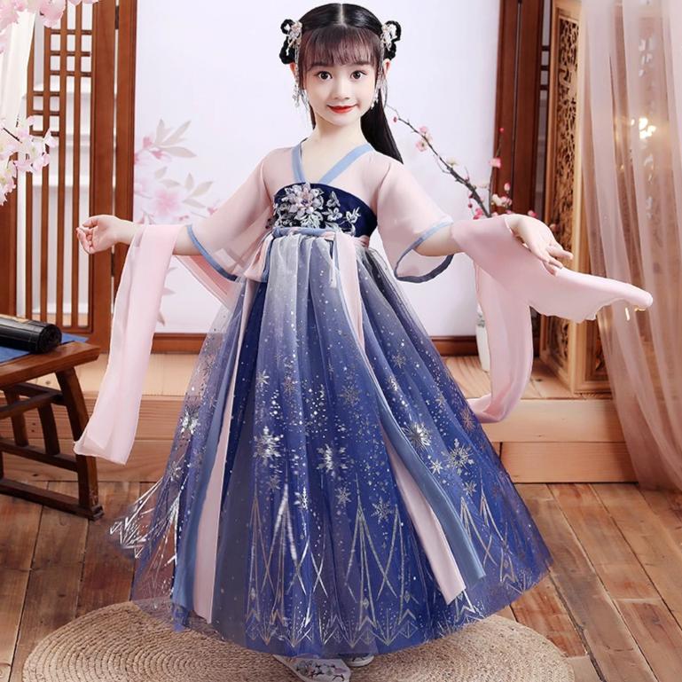 V-neck Floral Embroidery Girl's Han Chinese Costume Princess Dress