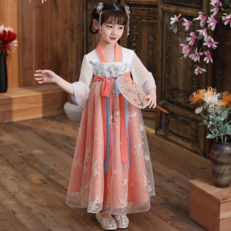 Trumpet Sleeve Empire Waist Girl's Han Chinese Costume Princess Dress Orange / 5 Trumpet Sleeve Empire Waist Girl's Han Chinese Costume Princess Dress Orange / 5