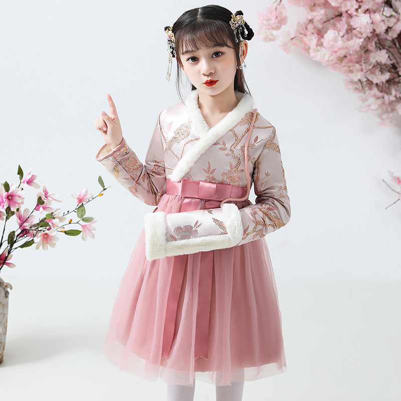 Floral Brocade Wadded Coat with Pleated Skirt Girl's Suit
