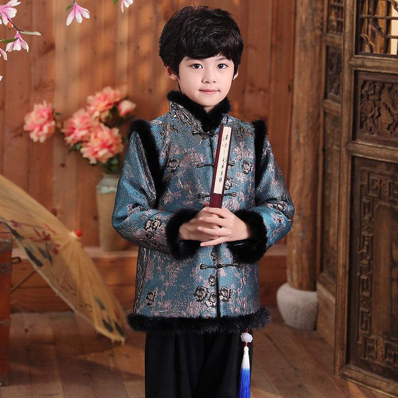 Floral Brocade Fur Edge Chinese Style Boy's Wadded Suit