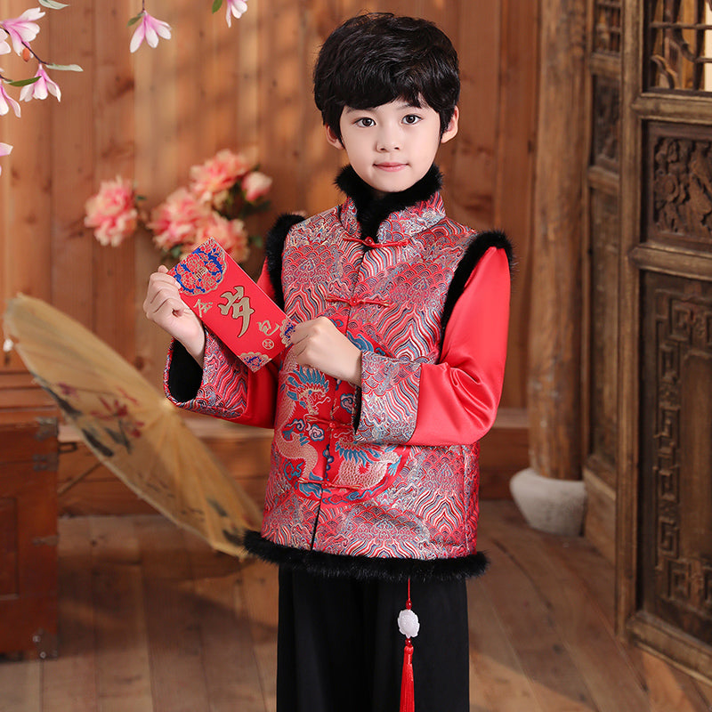 Dragon & Phoenix Pattern Brocade Fur Edge Chinese Style Boy's Wadded Suit