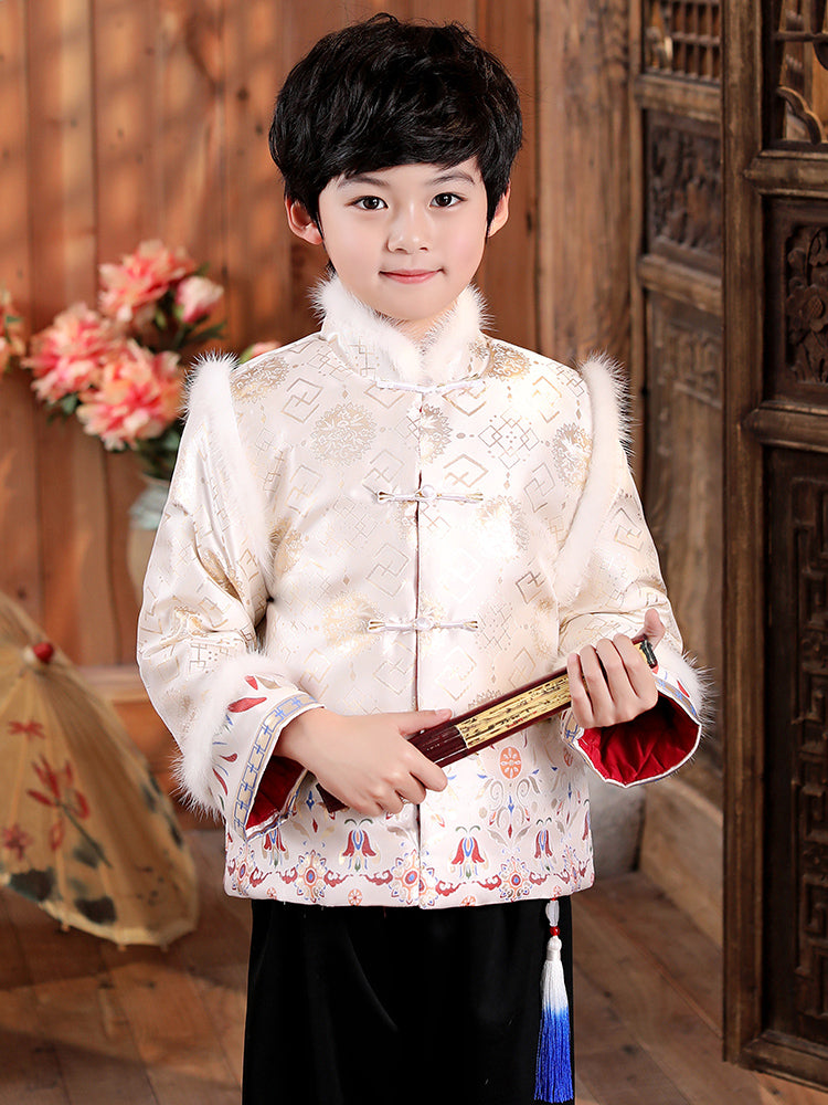 Brocade Fur Collar Chinese Style Boy's Wadded Suit
