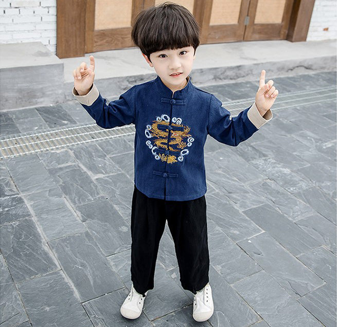 Dragon Embroidery Signature Cotton Kid's Kung-fu Suit Traditional Chinese Suit