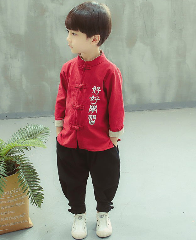 Chinese Words Embroidery Signature Cotton Kid's Kung-fu Suit Traditional Chinese Suit
