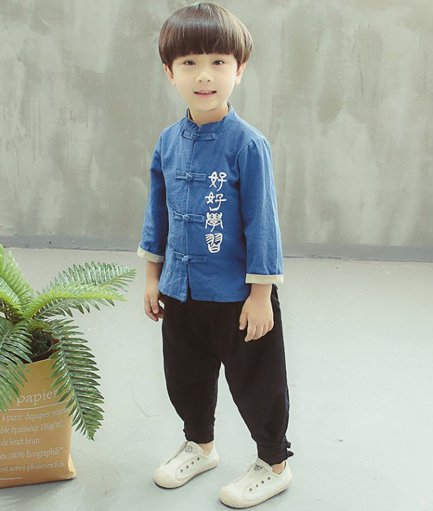 Chinese Words Embroidery Signature Cotton Kid's Kung-fu Suit Traditional Chinese Suit